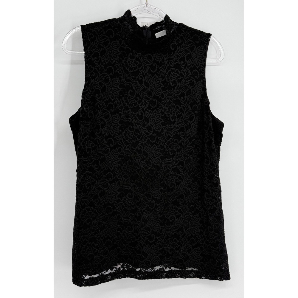 Susan Graver Black Floral Lace Mock Neck Sleeveless Top Sz L Back Zipper